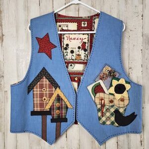 Handmade Denim Patchwork Vest Blue Size XL
